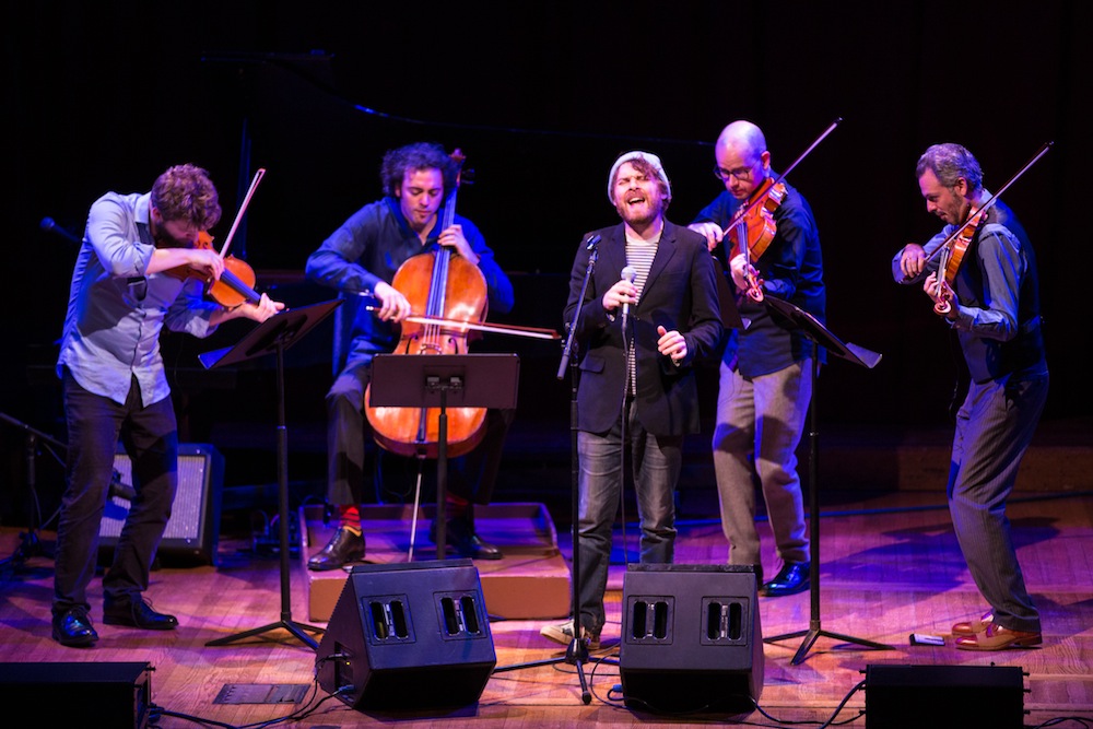 Singer-songwriter Gabriel Kahane and Brooklyn Rider performed at the Sanders Theater Friday night. Photo: Robert Torres
