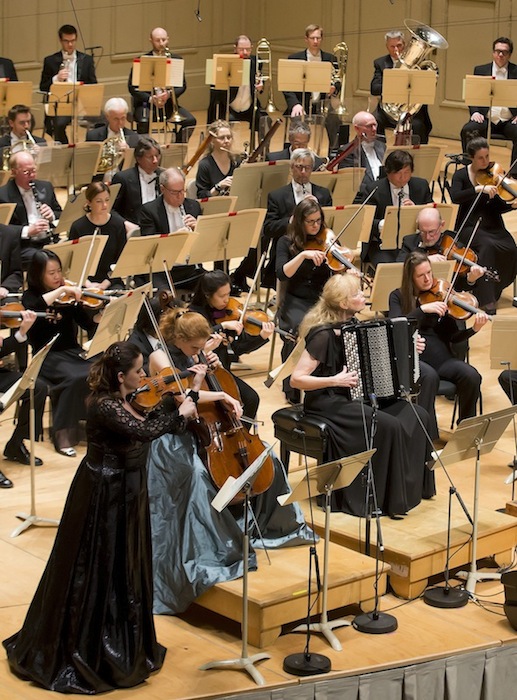 Violinist Baiba Skride, cellist Harriet Krijgh, and bayan player Elsbeth Moser perform the world premiere of Sofia Gubaidulina's Triple Concerto with Andris Nelsons and the Boston Symphony Orchestra Thursday night. Photo: Winslow Townson