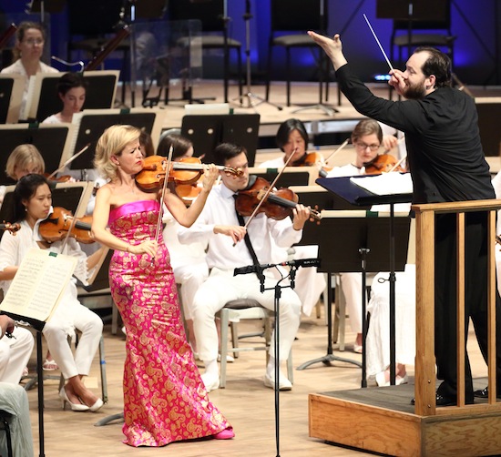 Anne-Sophie Mutter performed music of Williams and Tchaikovsky with Andris Nelsons and the BSO Sunday at the Tanglewood Festival. Photo: Hilary Scott