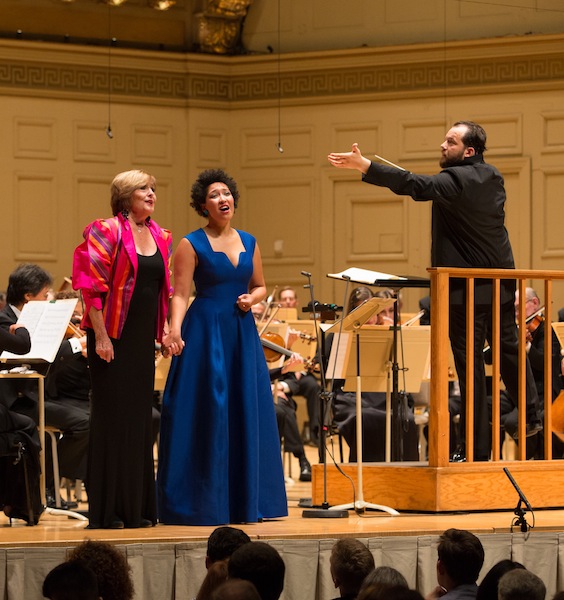 Frederica von Stade and Julia Bullock perform with Andris Nelsons and the Boston Symphony Orchestra at Friday night's season-opening Leonard Bernstein gala. Photo: Michael Blanchard