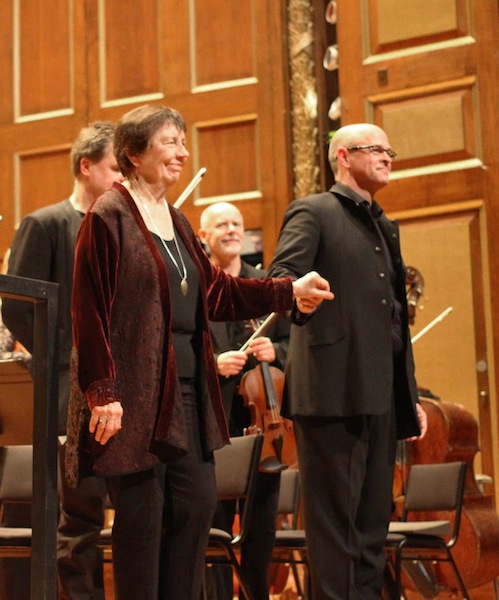 Composer Joan Tower and conductor Gil Rose receive applause at the Boston Modern Orchestra Project's Tower tribute concert Friday night at Jordan Hall. Photo: Robert KIrzinger