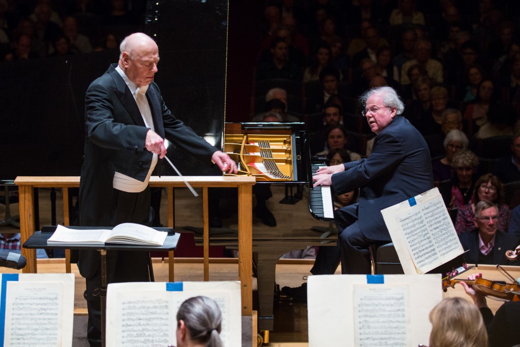 Guest conductor Bernard Haitink led the Boston Symphony Orchestra with Emanuel Ax on piano Monday night at Symphony Hall. Photo: Robert Torres